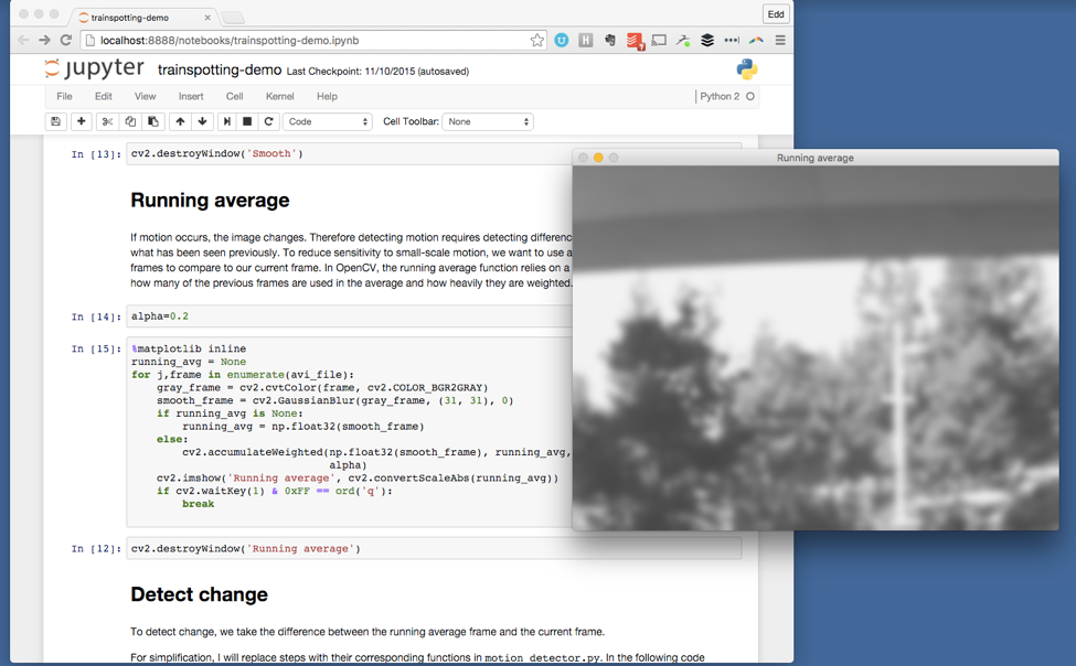 A Python notebook in Jupyter being used to explain and demonstrate motion detection in video, part of our Caltrain Rider project