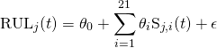 \[\text{RUL}_{j}(t) = \theta_{0} + \sum_{i=1}^{21}\theta_{i}\text{S}_{j, i}(t) + \epsilon \]